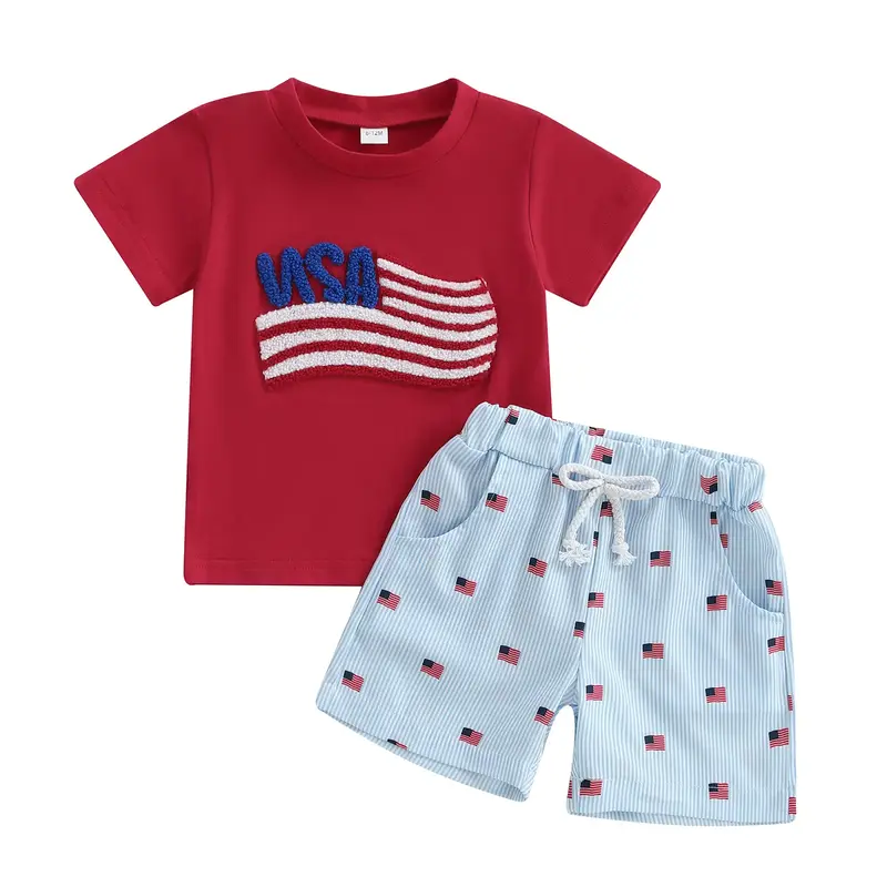 Toddler Baby Boy 4th of July Outfit USA Flag Embroidery Shorts Sleeve Tops T Shirt Striped Shorts Toddler Fourth of July Clot...