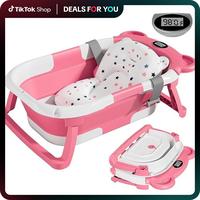 TinyGo Collapsible Baby Bathtub with Thermometer Floating Cushion & Optional Bath Set Rinse Cup + Shower Cap Double-Fold Desi...