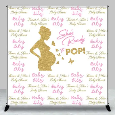 Custom Name Gold Pregnant Woman Baby Shower Backdrop