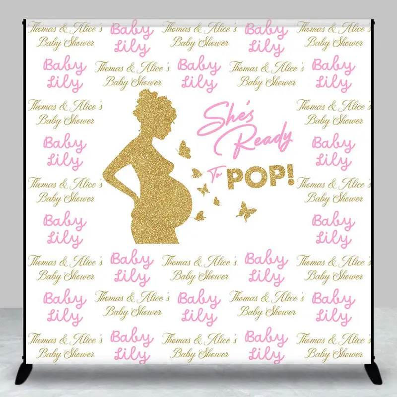 Custom Name Gold Pregnant Woman Baby Shower Backdrop