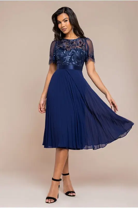 Goddiva Embroidered Top Chiffon Pleated Midi - Navy Blue