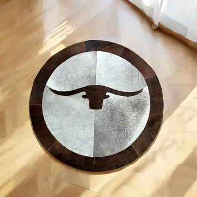 Cowhide Patchwork Round Rug, Flower, Spiral, Compass, Star, Moon, Buffalo and Horn Shape Round Rugs