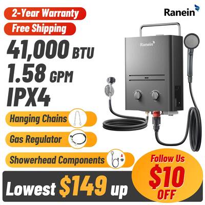 Ranein Tankless Water Heater Outdoor, 1.58 GPM Portable Propane Camping Water Heater, 6L, RO4KY, Grey