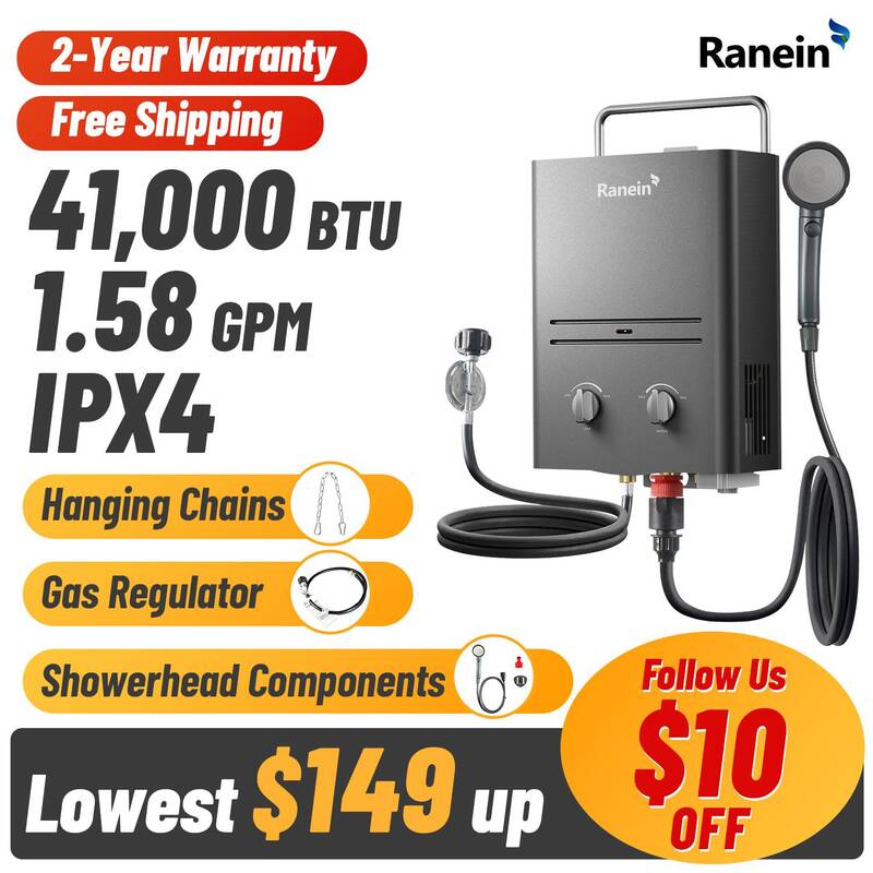 Ranein Tankless Water Heater Outdoor, 1.58 GPM Portable Propane Camping Water Heater, 6L, RO4KY, Grey