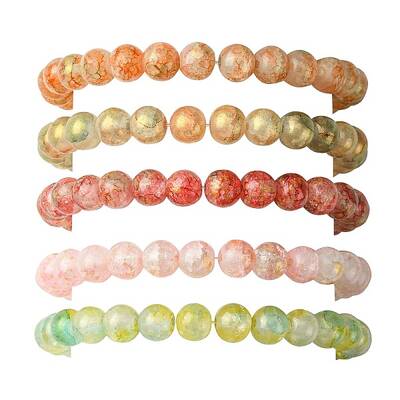 5Pcs 5 Color Crackle Glass Round Beaded Stretch Bracelets Set