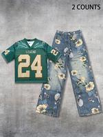 Men's Floral Print Tee & Denim-effect Print Pants Two-piece Set, Loose Casual Fashion Cozy Breathable Matching Two Piece Outf...