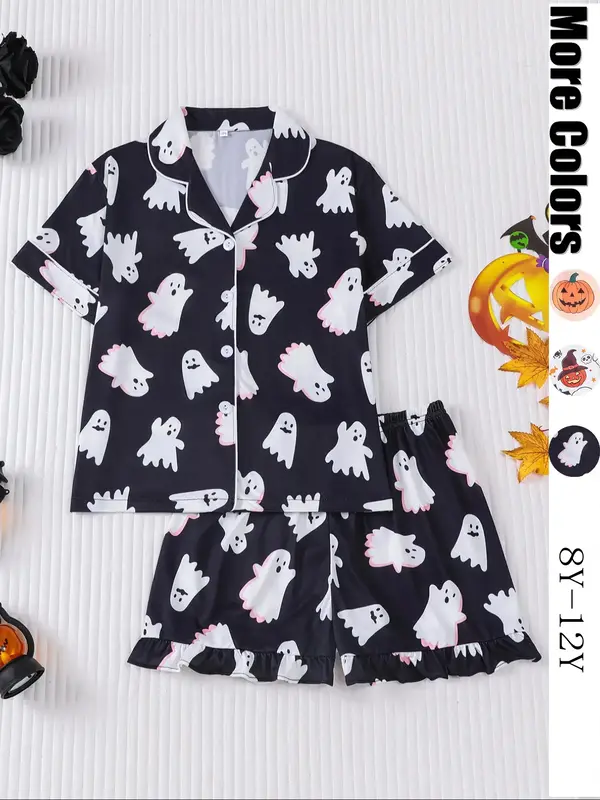 Halloween Children's 2-Piece Pajamas Set, New Halloween Bat Pumpkin Head Ghost Star Cardigan Short Sleeve Shorts,'s Medium an...