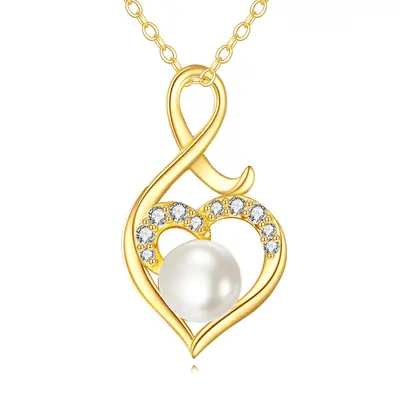 14K Gold Cubic Zirconia & Pearl Heart & Infinity Symbol Pendant Necklace