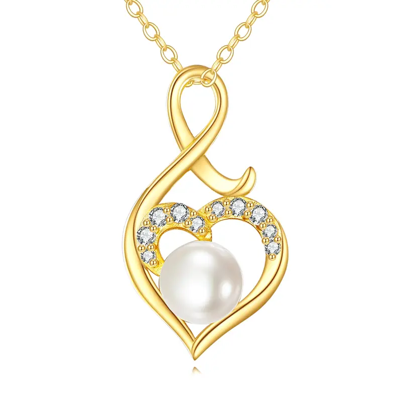 14K Gold Cubic Zirconia & Pearl Heart & Infinity Symbol Pendant Necklace