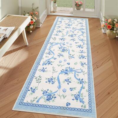 Garvee Hallway Runner Rug Non Slip Floral Bow Design Soft Faux Wool Machine Washable 2x6 Kitchen Bedroom Dorm