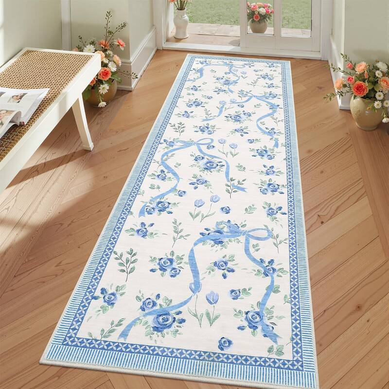 Garvee Hallway Runner Rug Non Slip Floral Bow Design Soft Faux Wool Machine Washable 2x6 Kitchen Bedroom Dorm