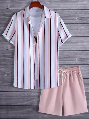 2 Counts Men's Striped Print Pocket Shorts Set, Streetwear, Button Front Shirt & Drawstring Shorts, Regular Fit Summer Clo...
