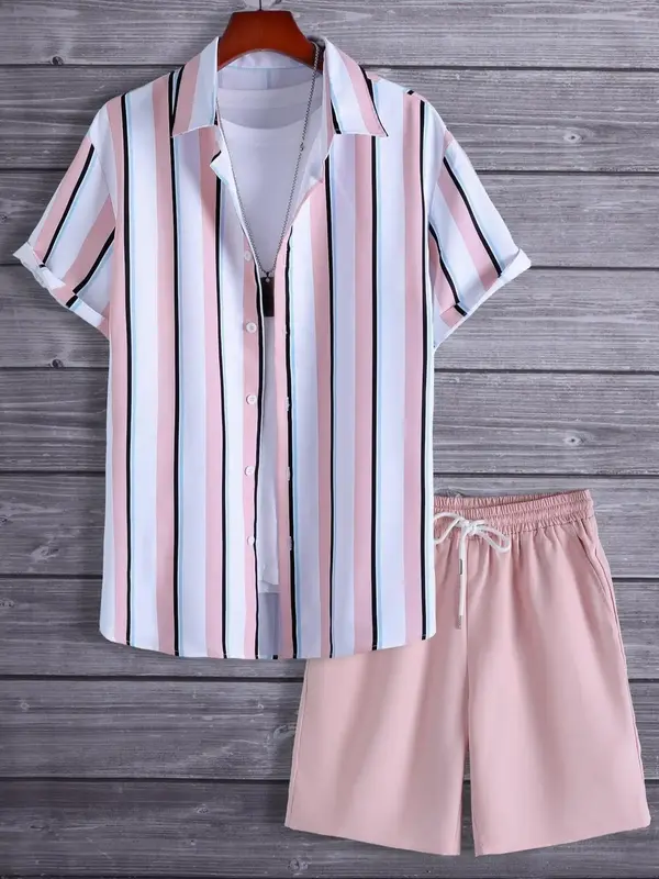 2 Counts Men's Striped Print Pocket Shorts Set, Streetwear, Button Front Shirt & Drawstring Shorts, Regular Fit Summer Clo...