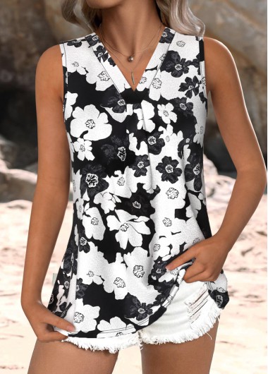Modlily Black Breathable Floral Print Sleeveless V Neck Tank Top - XXL