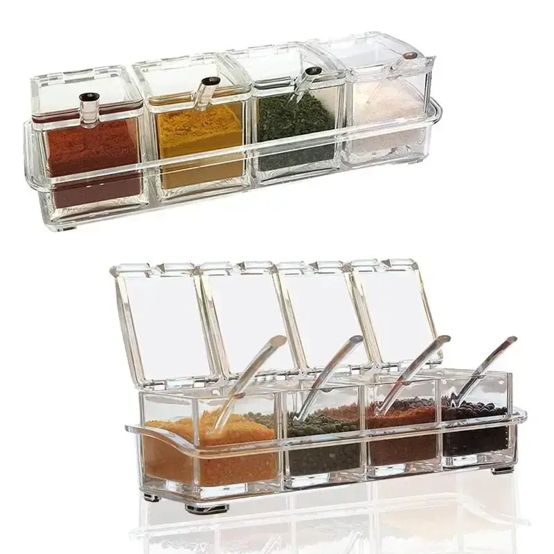 Seasoning Box, Multi-grid Clear Seasoning Storage Container with Spoon, 4 Compartments Seasoning Pot for Kitchen