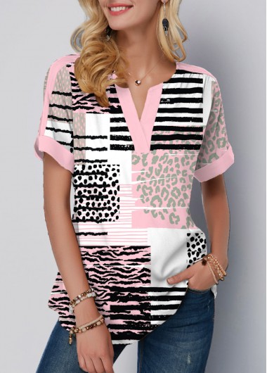 Modlily Pink Contrast Binding Geometric Print Short Sleeve Blouse - S