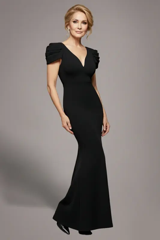 Goddiva Plunging Neck Pleated Sleeves Scuba Maxi Dress - Black