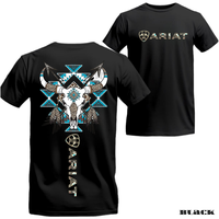Ariat Tribal Skull T-Shirt – Western Bull Skull & Feathers Graphic with Blue Aztec Patterns – Unisex Tee for Country Styl...