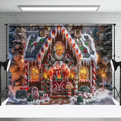 Lighted Gingerbread House Candy Cane Xmas Backdrop - Aperturee