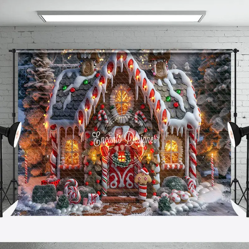 Lighted Gingerbread House Candy Cane Xmas Backdrop - Aperturee