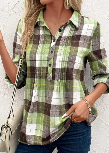 Modlily Multi Color Tuck Stitch Plaid Long Sleeve Blouse - S