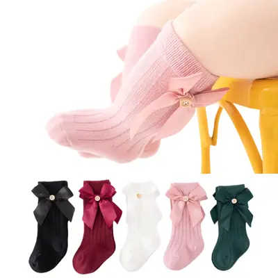 Girl Autumn Socks, Toddler Elastic Cuff Solid Color Bow Decor Middle Length Baby Stockings