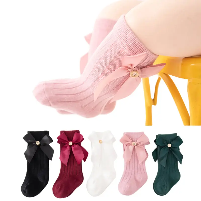 Girl Autumn Socks, Toddler Elastic Cuff Solid Color Bow Decor Middle Length Baby Stockings