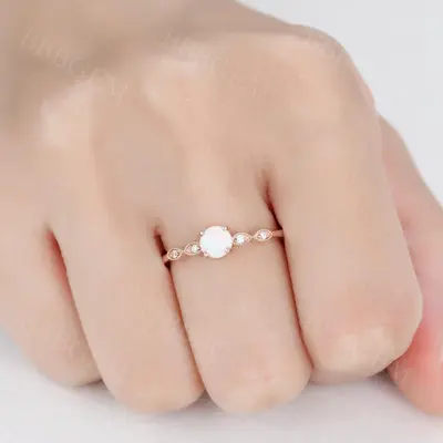 0.5 Carat  Round White Opal Engagement Ring Diamond Accent Claissic
