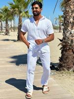 Men's Solid Button Front Shirt & Pants Two-Piece Set, Regular Fit Casual Short Sleeve Collared Top & Trousers for Summer, Men...