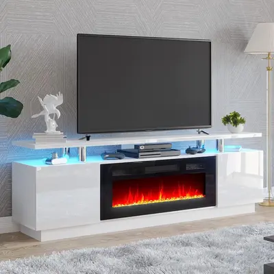 [TikTokShopfalldealsforyou]【Ships in 2 Boxes】AMERLIFE Fireplace TV Stand for Living Room, Modern High Gloss Entertainment...