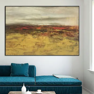 Extra Large Abstract Landscape Oil Paintings On Canvas Textured Expressionist Painting In Yellow, Red and Beige Colors Modern...