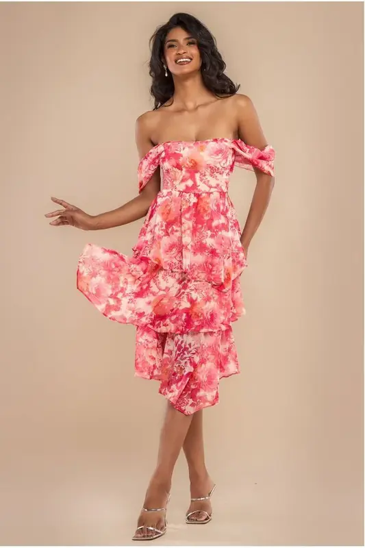 Goddiva Bardot Asymmetric Handkerchief Tier Midaxi - Blush