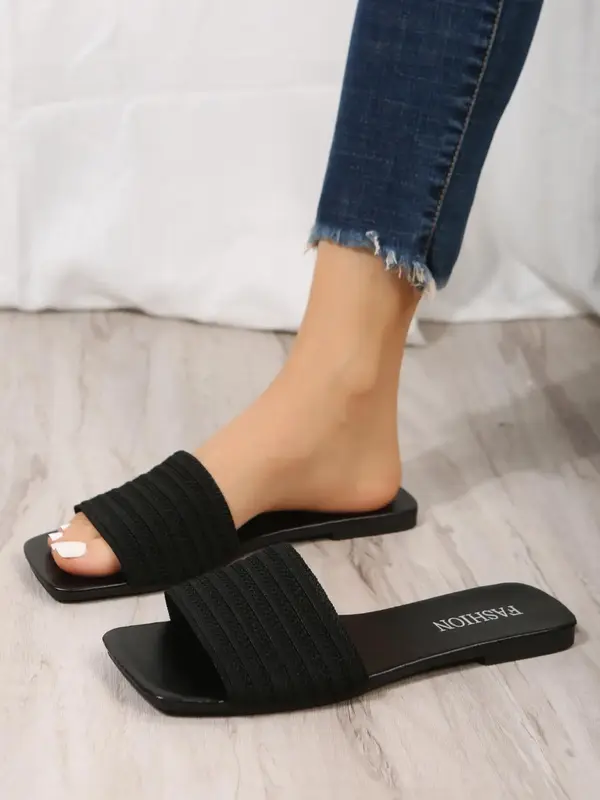 Women's Simple Plain Slip on Flat Sandals, 1 Pair Casual Square Toe Sandals for Summer, Lightweight Breathable Comfortable Sh...