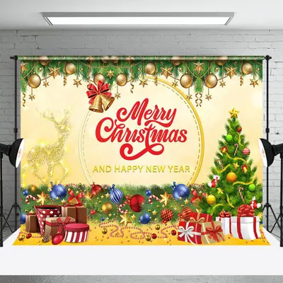 Aperturee Green Gold Gift Bells Trees Merry Christmas Backdrop - Aperturee
