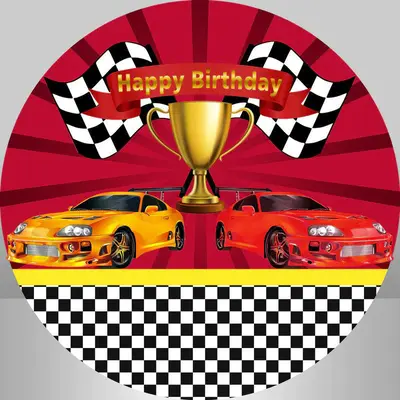 Aperturee Red And Orange Cars Round Happy Birthday Backdrop Kit | Round Party Backdrop | Circle Party Backdrop | Custom Round...