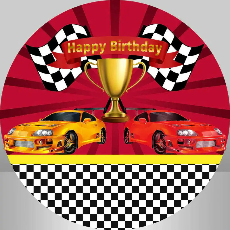 Aperturee Red And Orange Cars Round Happy Birthday Backdrop Kit | Round Party Backdrop | Circle Party Backdrop | Custom Round...