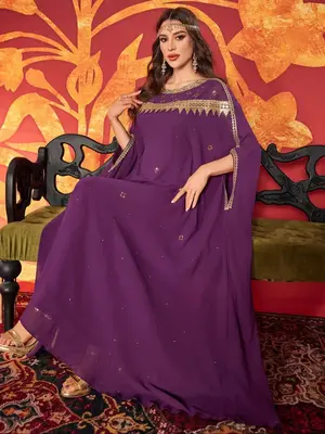 Women's Patchwork Rhinestones Sequins Decor Round Neck Arabian Dress, Modest Long Sleeve Maxi Muslim Dress for Party Daily We...