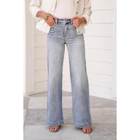 Risen High Rise Light Wash Tummy Control Wide Leg Jeans with Adjustable Waistband