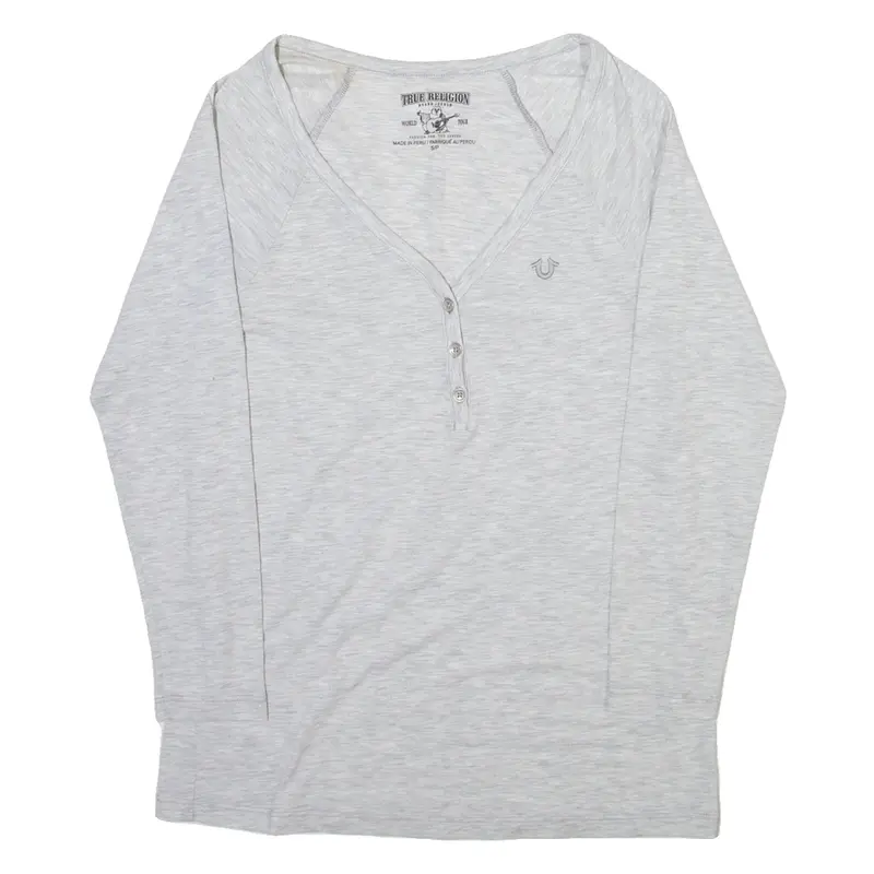 TRUE RELIGION Womens T-Shirt Grey Long Sleeve Button Neck S