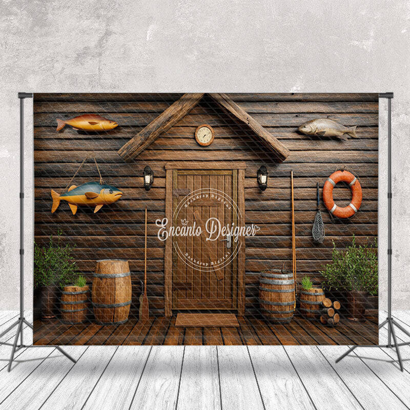 Brown Wooden Cabin Fish Plant Cake Smash Backdrop - Aperturee