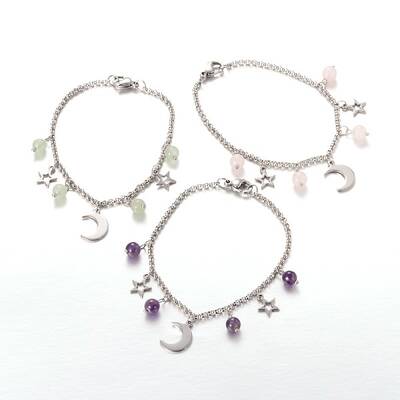 Moon & Star Stainless Steel Gemstone Charm Bracelets