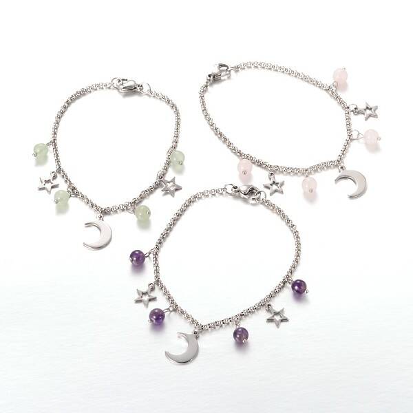Moon & Star Stainless Steel Gemstone Charm Bracelets