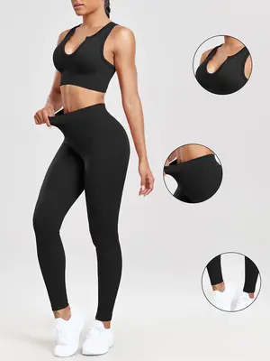 Two-piece Set Women's Solid Ribbed Tracksuit Set, Sporty Crop Tank Top & High Waist Leggings, Comfy Outfits for Yoga Gym Work...