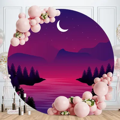 Aperturee Purple Moon Night Round Happy Birthday Backdrop
