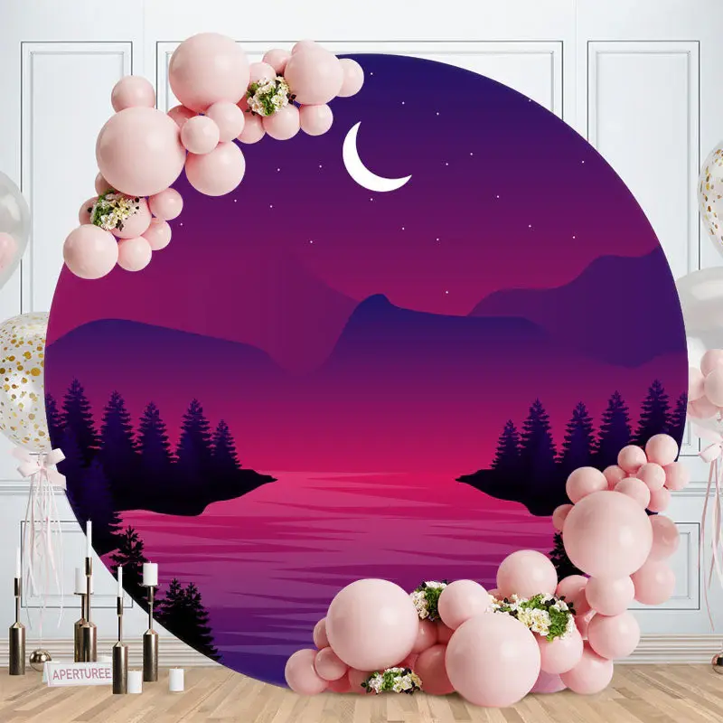 Aperturee Purple Moon Night Round Happy Birthday Backdrop