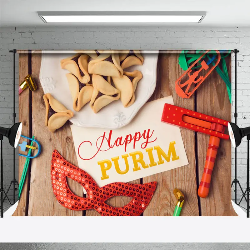 Hamantashen Masks Wooden Happy Purim Party Backdrop - Aperturee