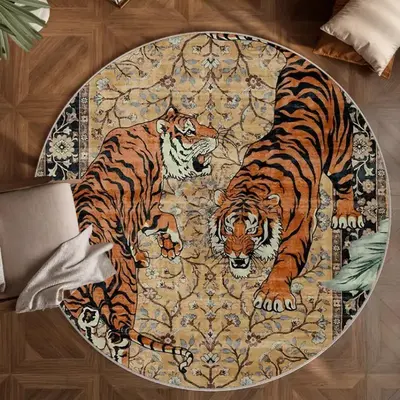 Vintage Tiger Pattern Round Rug, Non-slip Soft Floor Mat, Washable Area Rug, Decorative Carpet for Home Living Room Bedroom H...