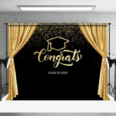 Congrats Golden Curtain Black Graduation Backdrop - Aperturee