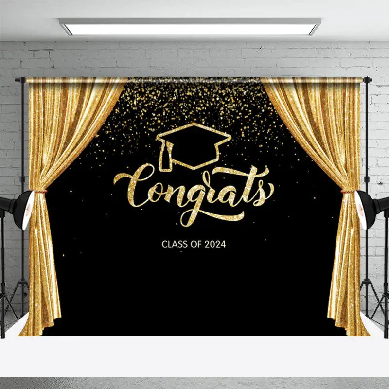 Congrats Golden Curtain Black Graduation Backdrop - Aperturee