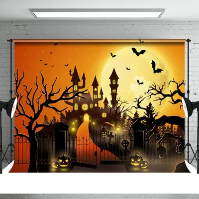 Halloween Moon Haunted Castle Pumpkin Lantern Backdrop - Aperturee